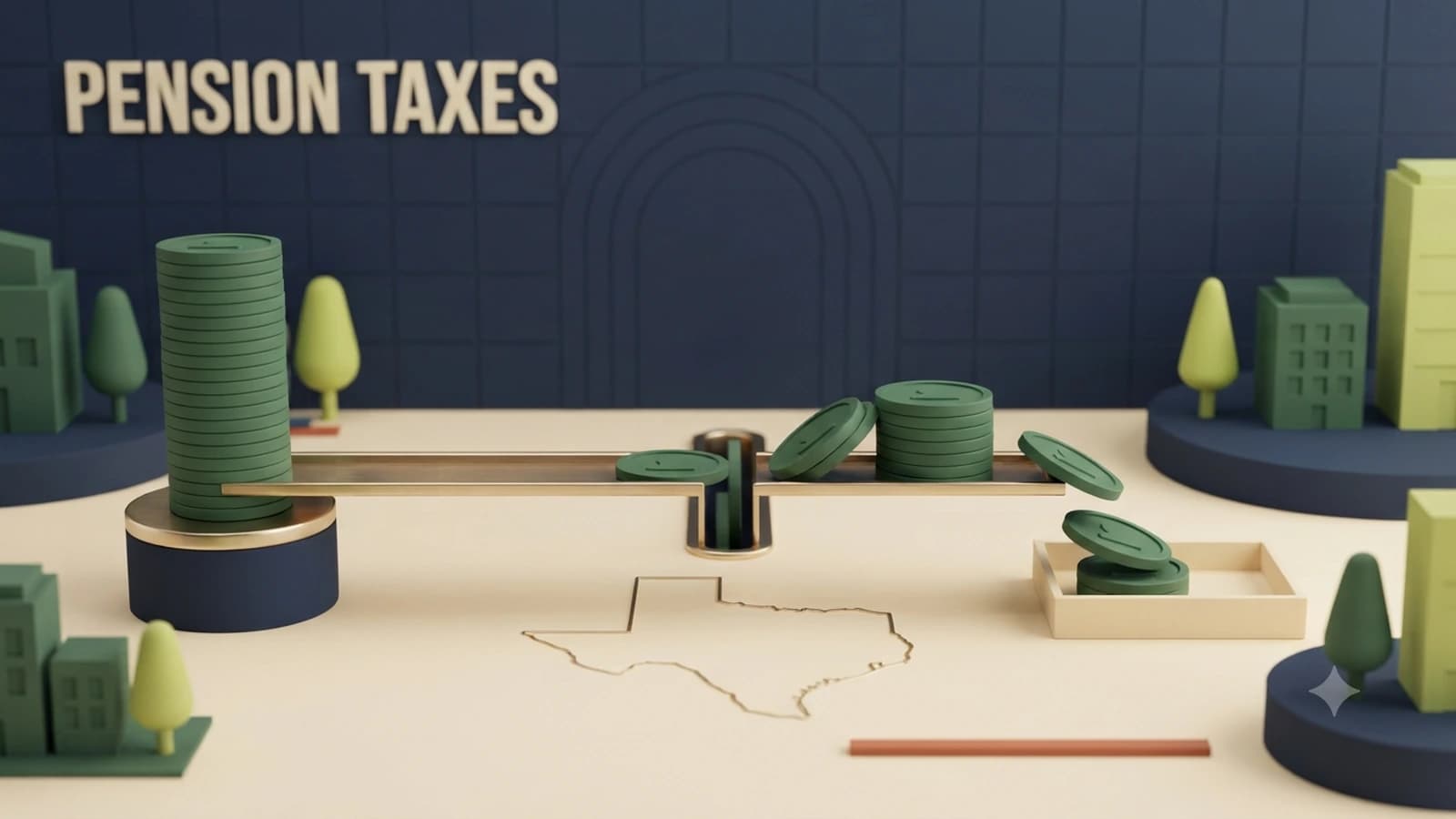 A Texas pension coin stream passing through a tax form tile into taxable and nontaxable branches