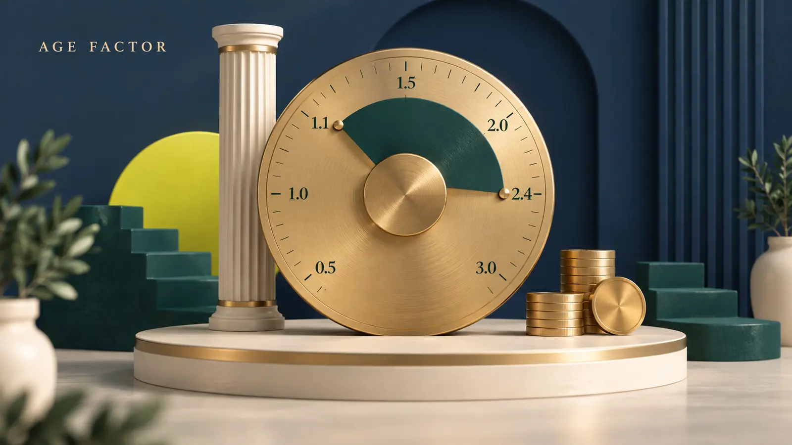 A large gold CalSTRS age-factor dial with a teal wedge sweeping from 1.1 to 2.4 percent