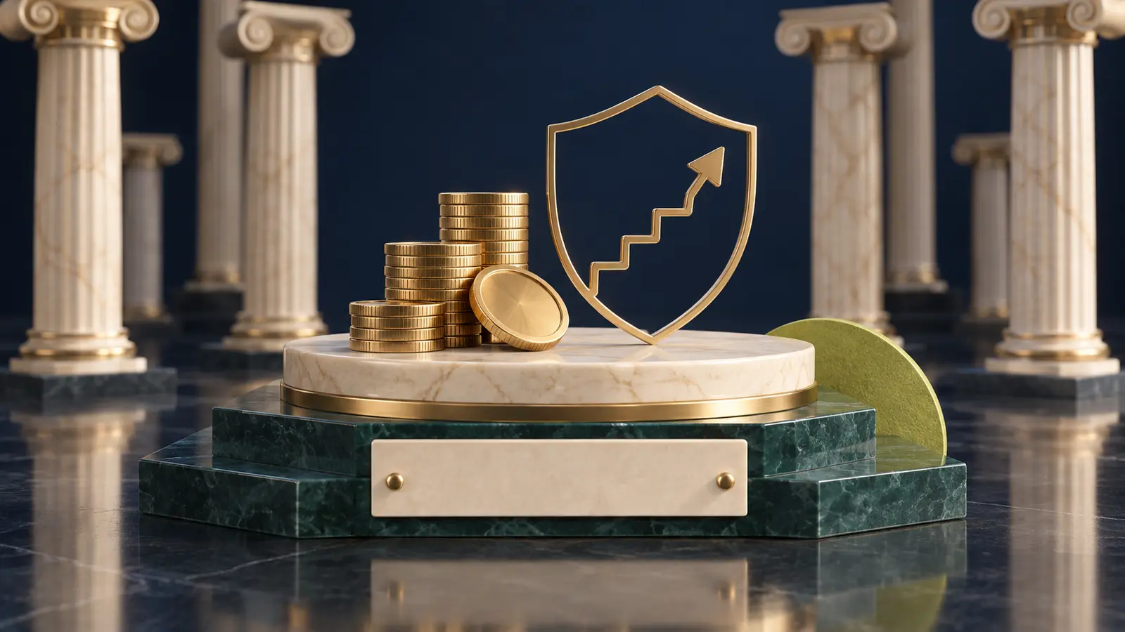 Gold shield with a rising staircase arrow on a coin stack, symbolizing CalSTRS COLA and purchasing power protection
