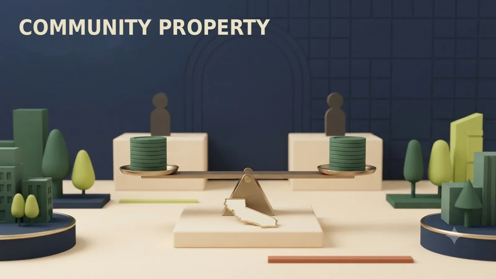 A green pension coin stack splitting evenly beside a gold California outline and two separate account pedestals