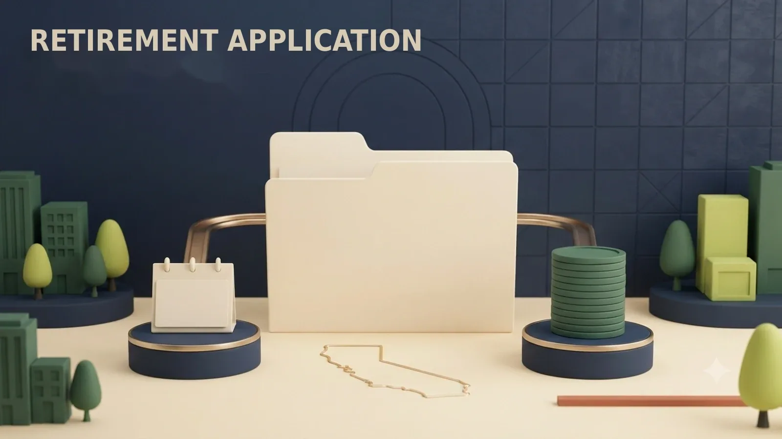 A California retirement path passing application, calendar and payment markers in sequence