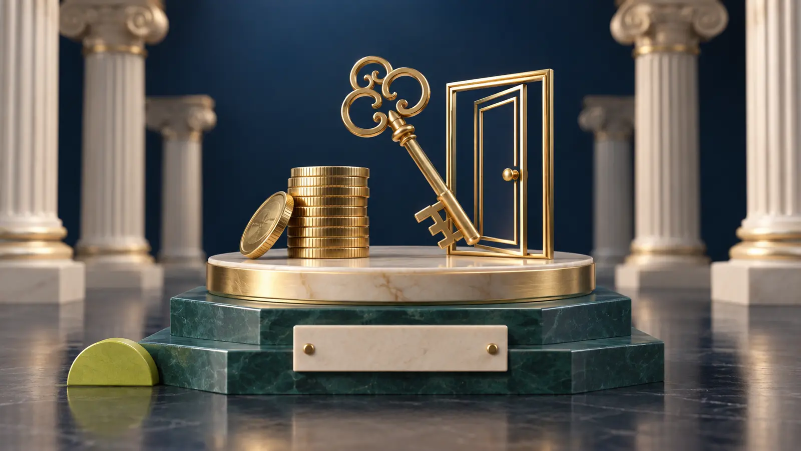 Gold key and door outline on a coin stack, symbolizing CalSTRS retirement eligibility