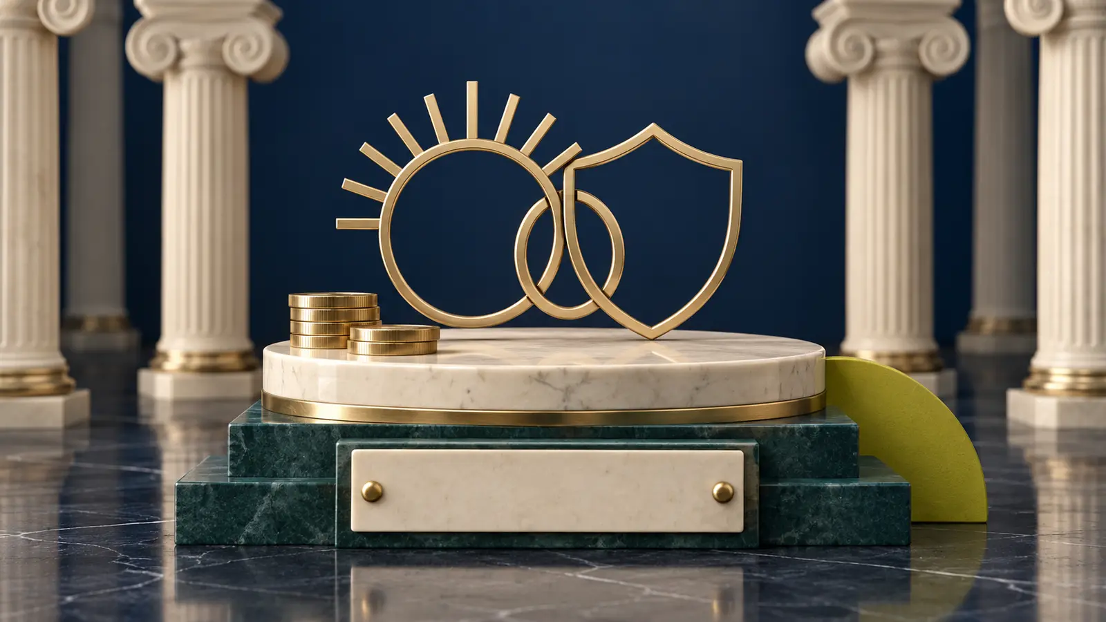 Two interlocking gold rings on a coin stack, symbolizing CalSTRS and Social Security