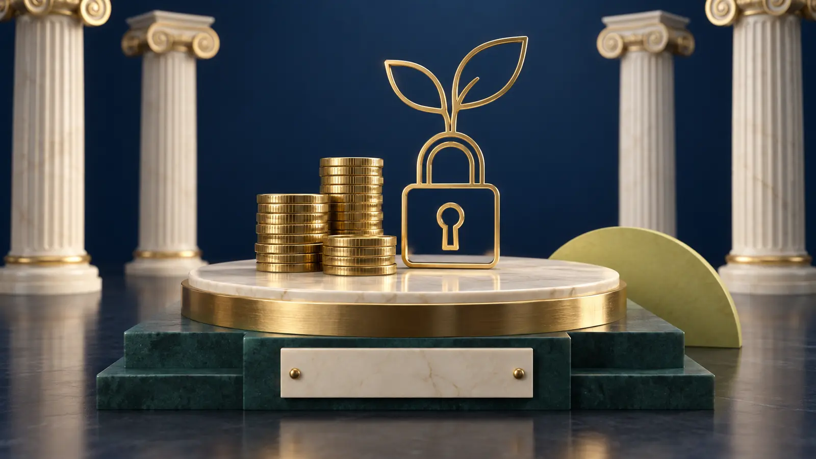 Gold seedling growing from a padlock on a coin stack, symbolizing CalSTRS vesting
