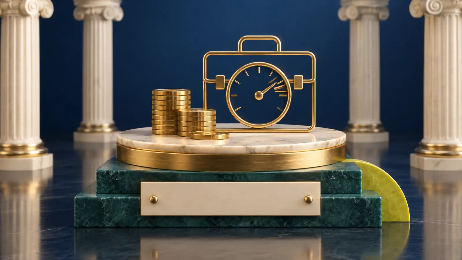 Gold briefcase with a gauge dial on a coin stack, symbolizing CalSTRS postretirement earnings limits