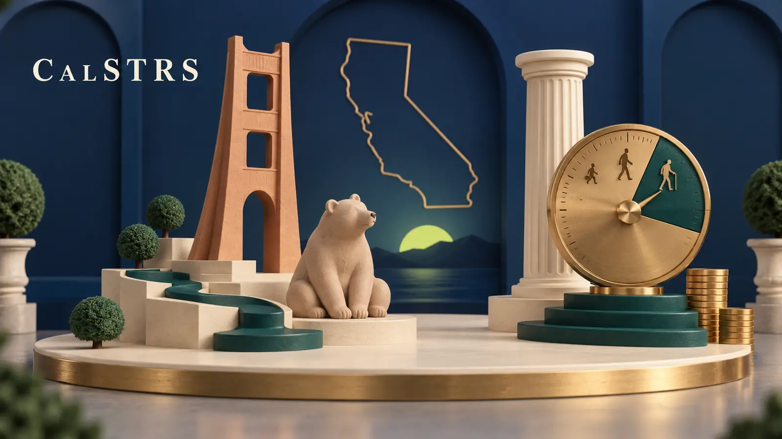 A Golden Gate arch, a California bear and a CalSTRS age-factor dial