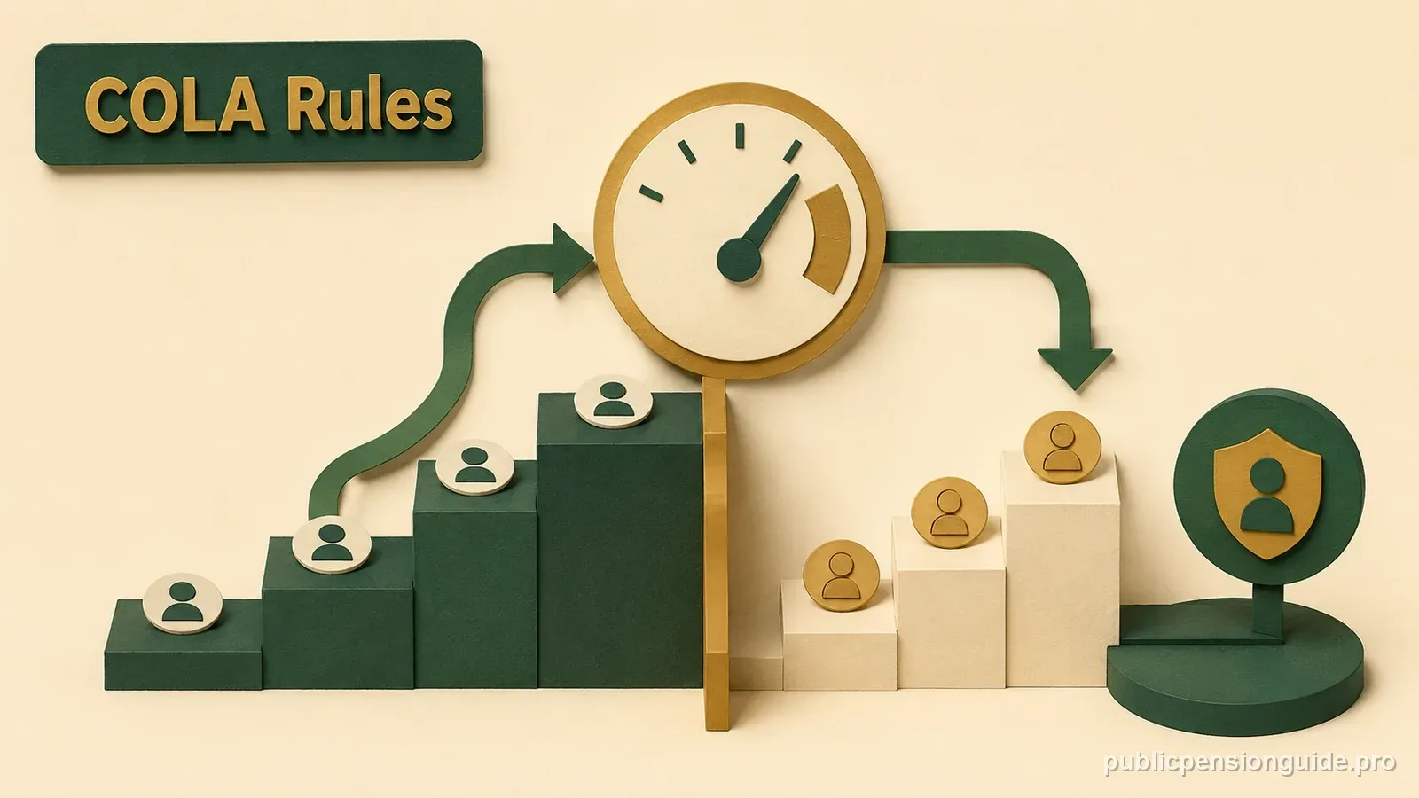 A stepped COLA gauge separates pre-2011 service from later service and points to an annual pension adjustment marker.
