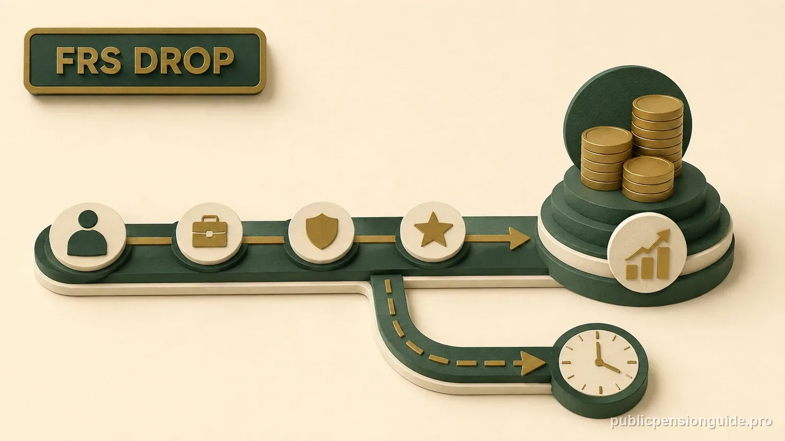 A retirement marker continues along a timed DROP track where monthly pension deposits accumulate before a final employment exit.