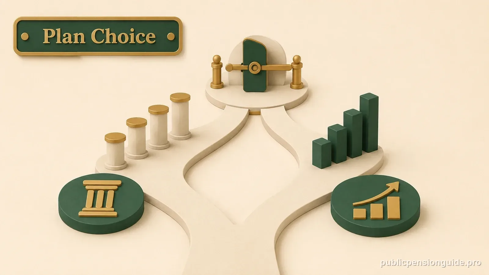 Two retirement paths compare a defined monthly pension with an individual investment account before a one-time plan-change gate.