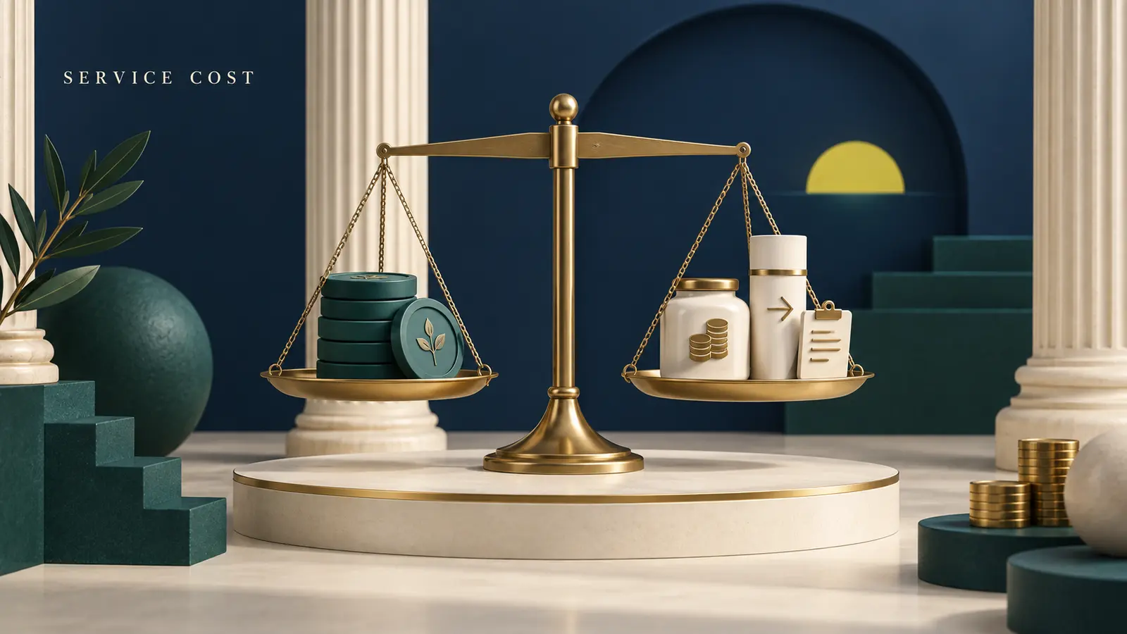 A gold scale weighing a stack of teal service-credit discs against three payment vessels