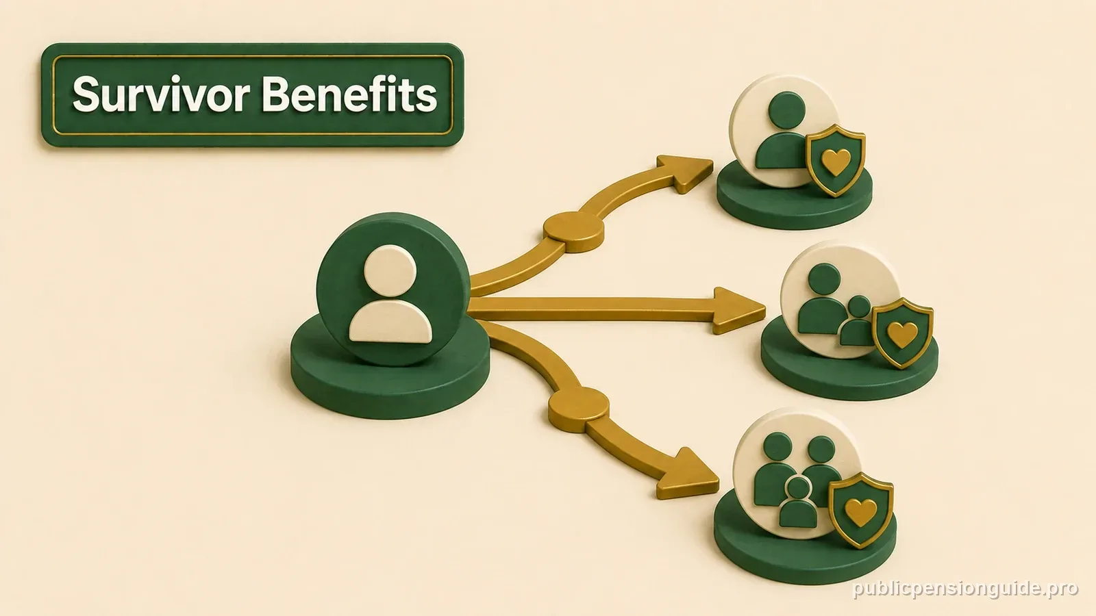 A beneficiary pathway branching from an FRS member record toward spouse, child, and account-balance protection symbols.