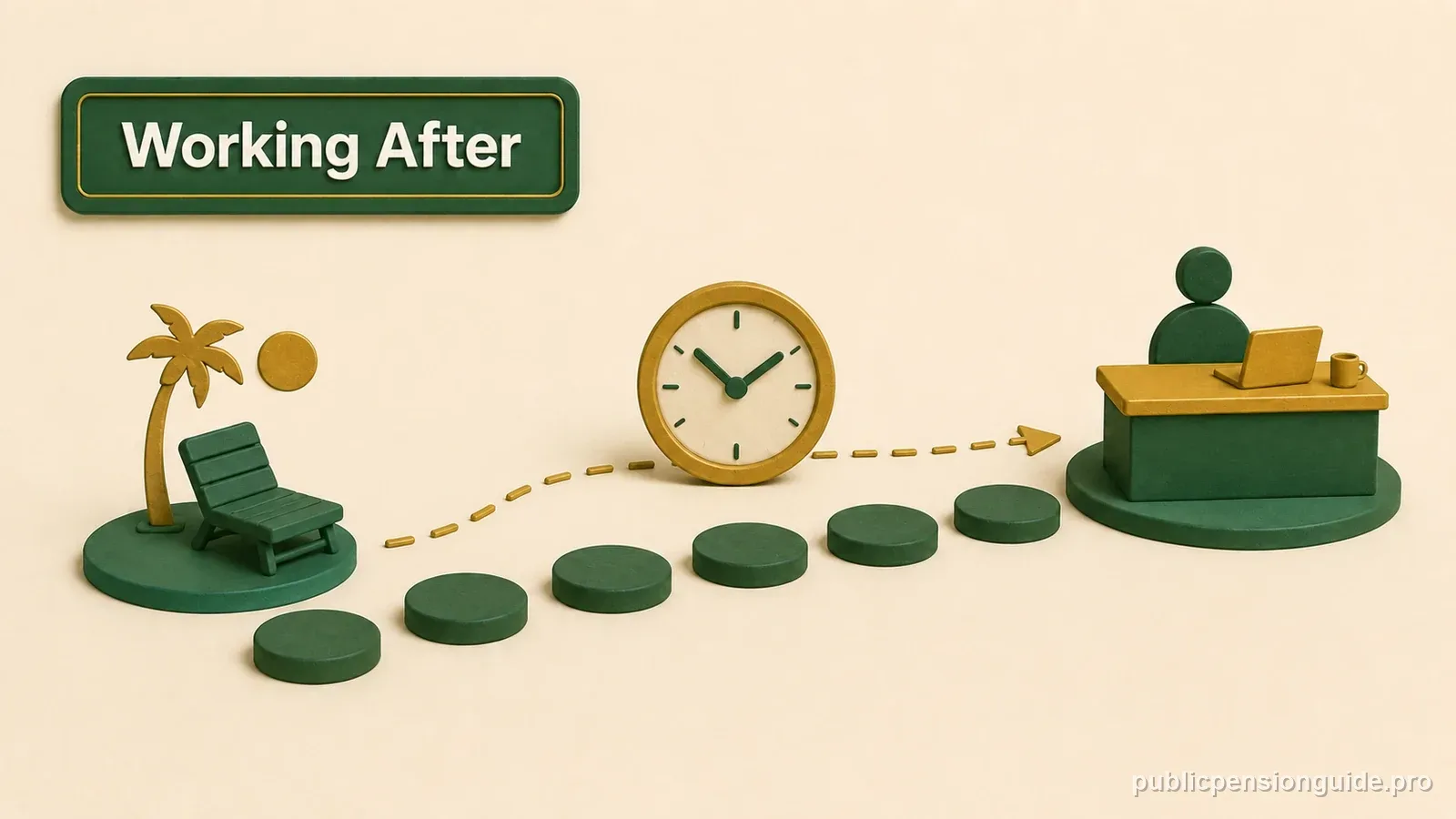 A six-step waiting path between an FRS retirement marker and a return-to-work desk.