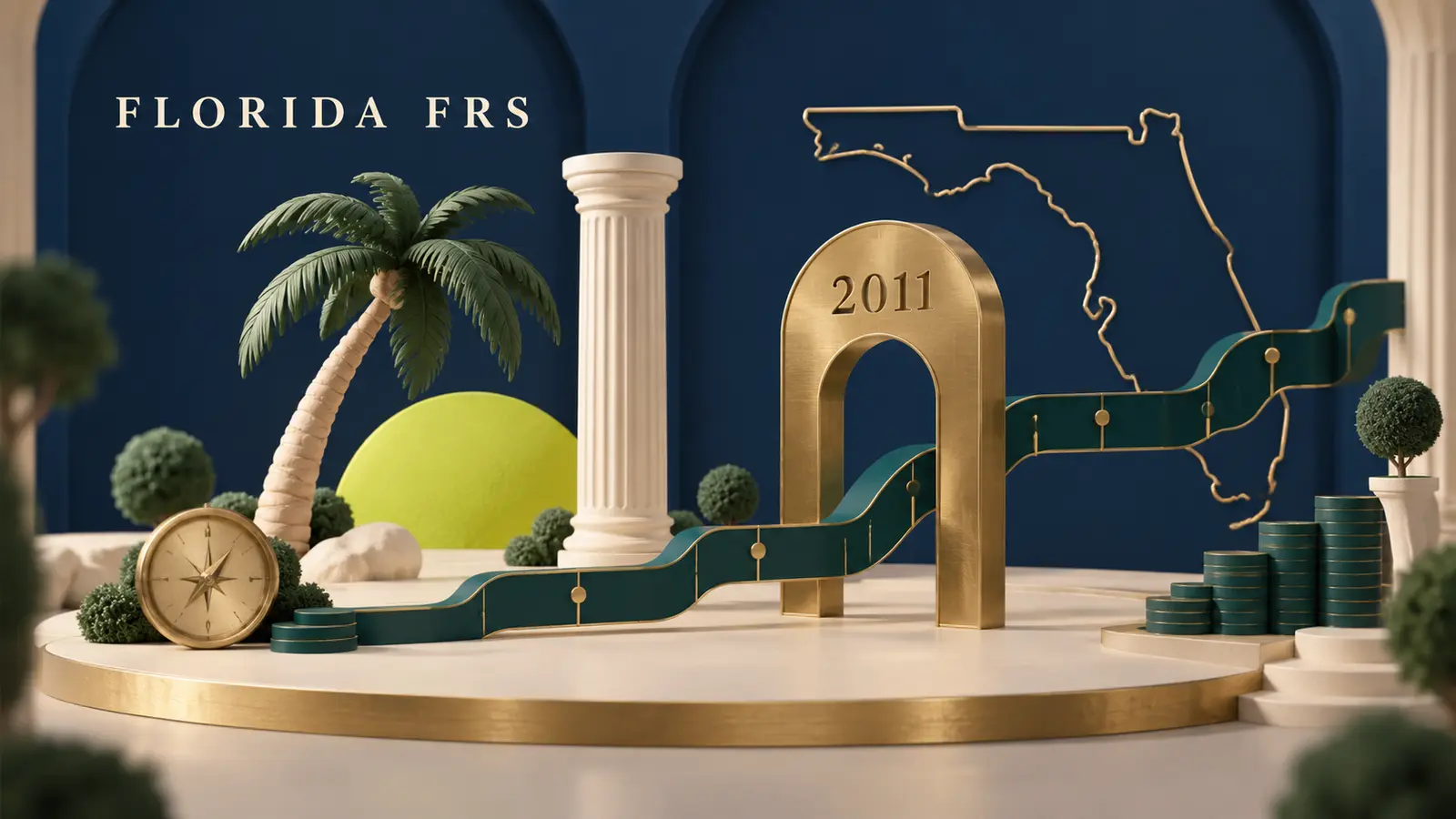 A palm tree and low sun beside a Florida FRS COLA timeline gated at 2011