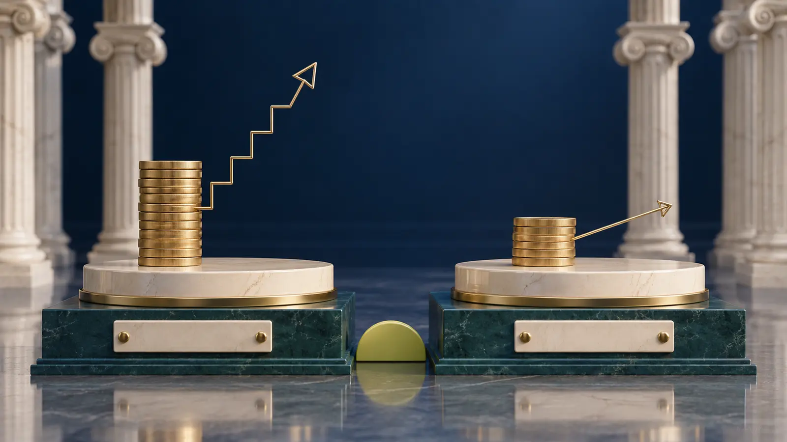 Two coin stacks with a steep gold arrow and a shallow gold arrow, comparing Illinois TRS Tier 1 and Tier 2 COLA