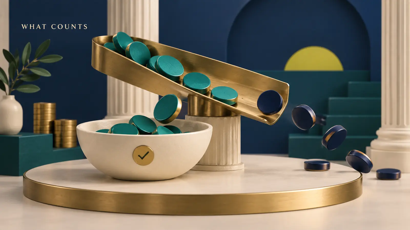 A gold sorting tray dropping teal coins into a counts bowl while dark tokens fall away