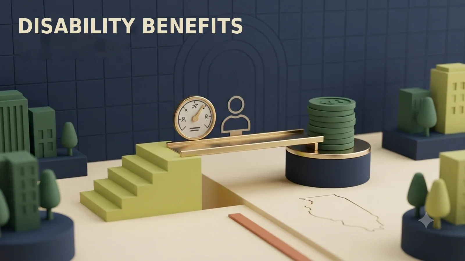 Three branching green tracks lead to distinct disability benefit pedestals beneath a gold outline of Illinois