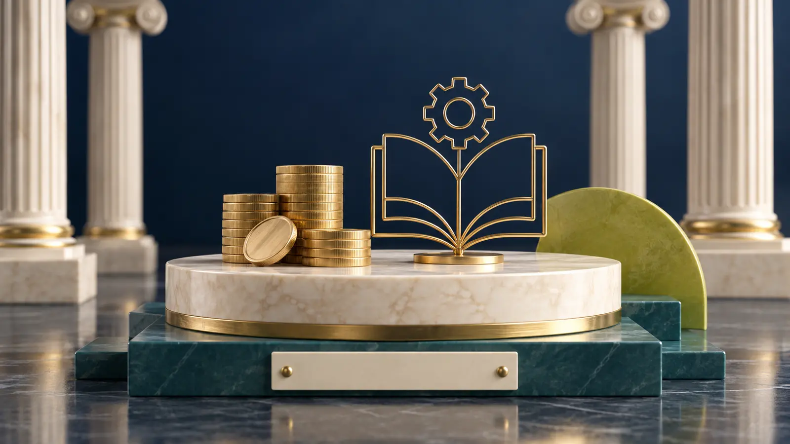 Gold open book and gear on a coin stack, symbolizing an Illinois TRS system overview