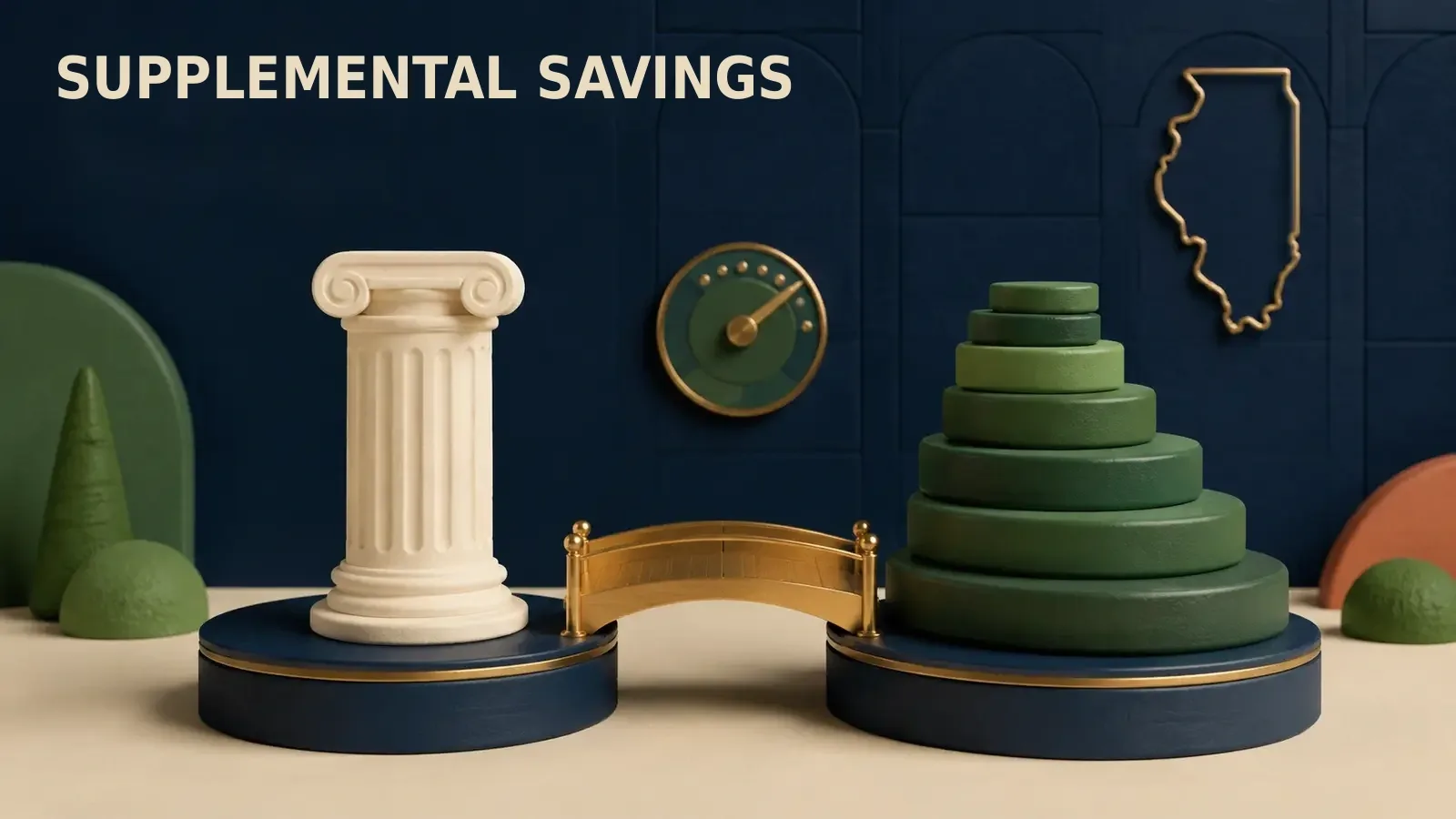 A main pension column beside a separate growing stack of savings discs connected by a small gold bridge