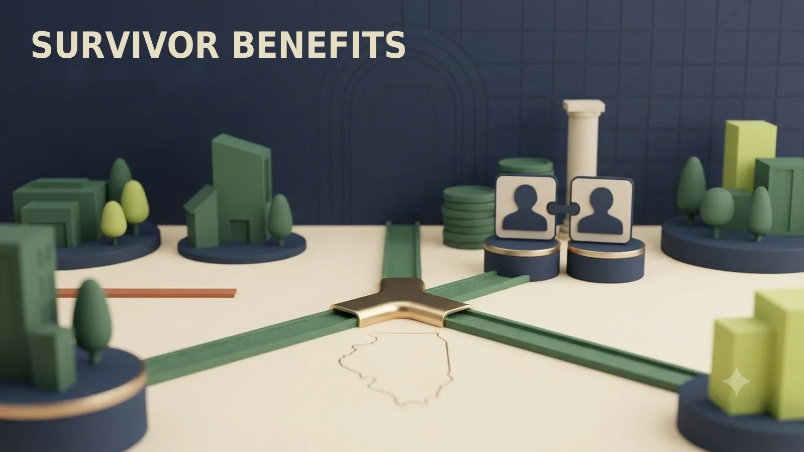A beneficiary roster card branches toward a refund tray and a continuing survivor-payment path beneath a gold outline of Illinois