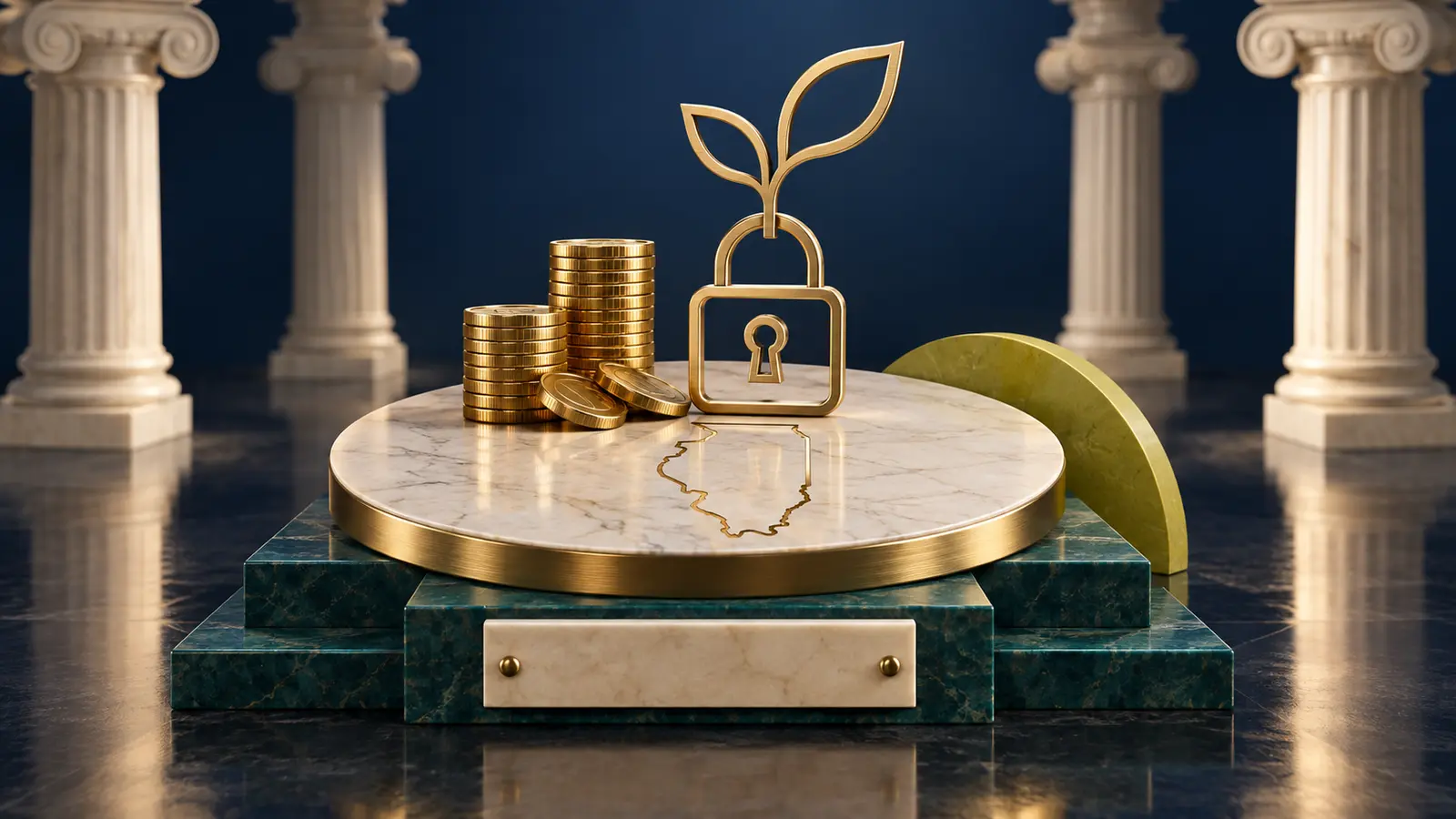 Gold seedling growing from a padlock with an Illinois state outline, symbolizing Illinois TRS vesting