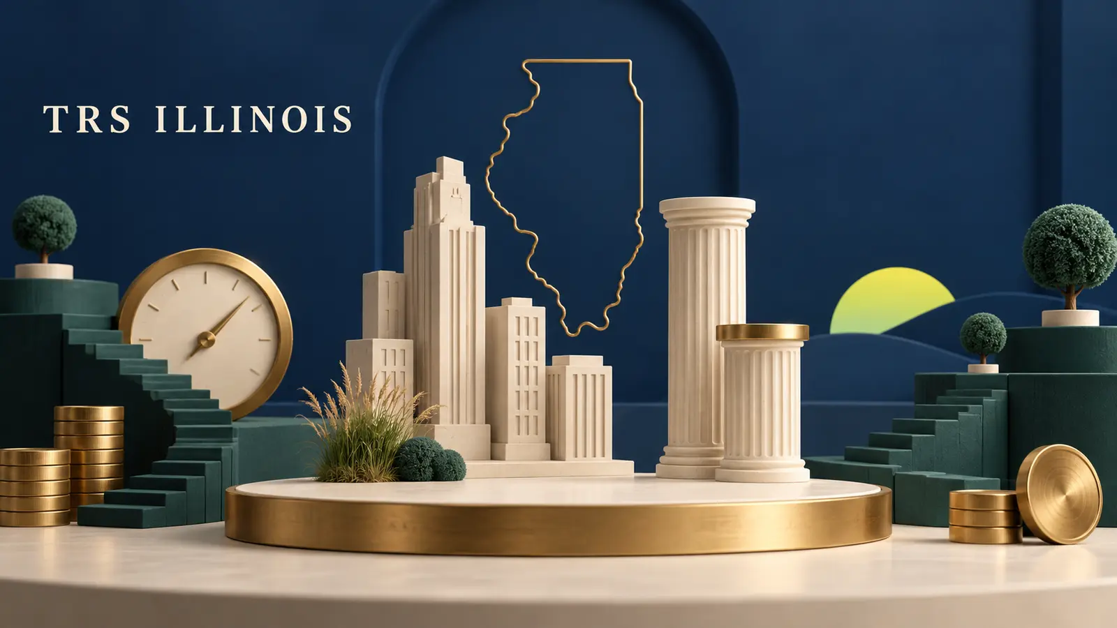 A Chicago skyline and prairie tuft beside a two-tier Illinois pension column