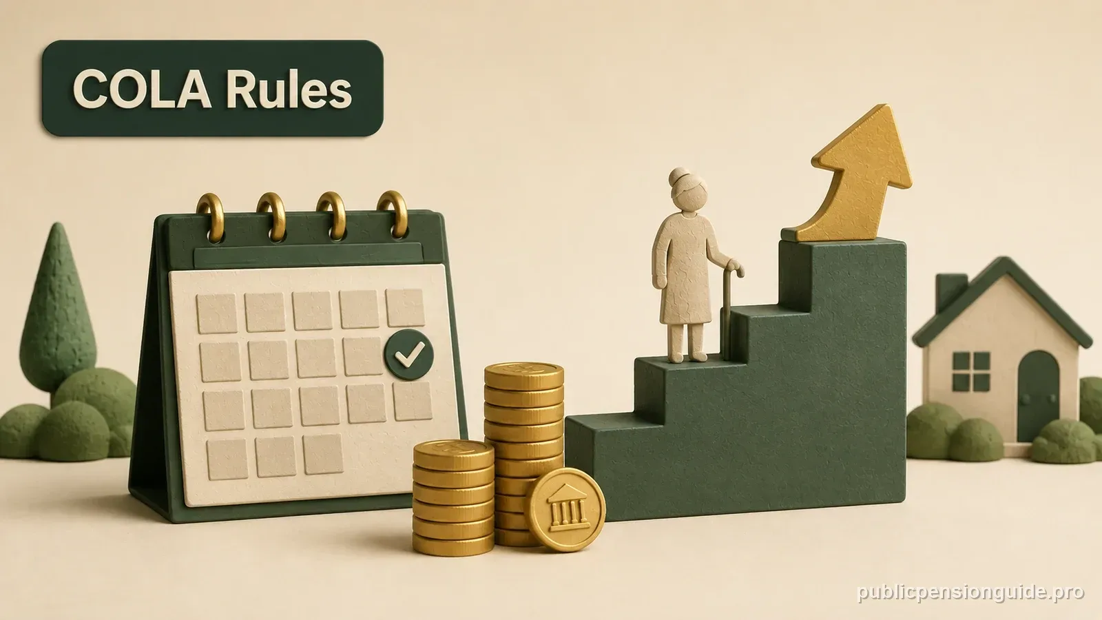 A stepped pension path with a capped gold adjustment meter illustrating how NYSTRS COLA increases are limited.