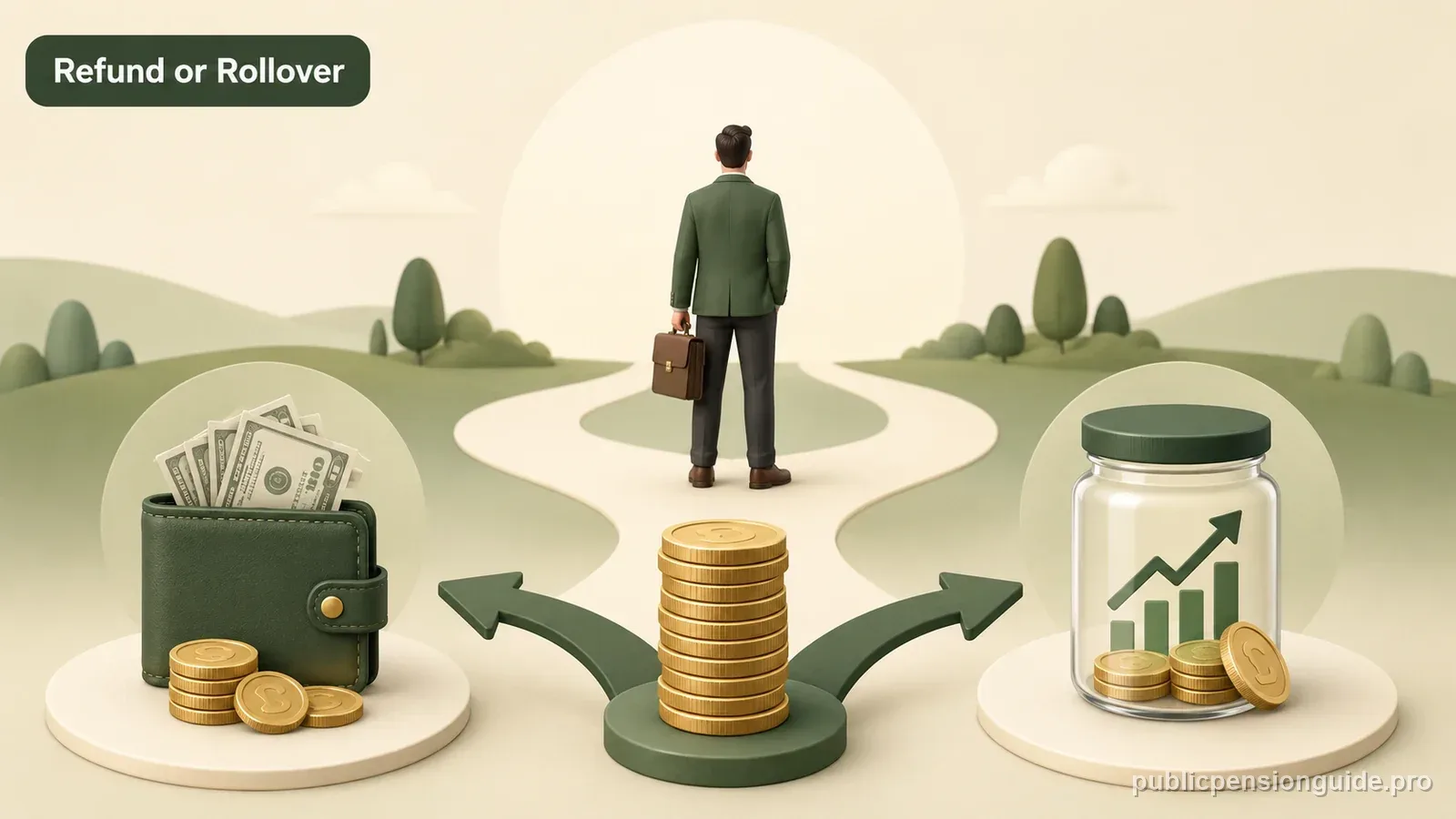 A split path between a pension vault and a rollover arrow, illustrating an NYSTRS refund decision.