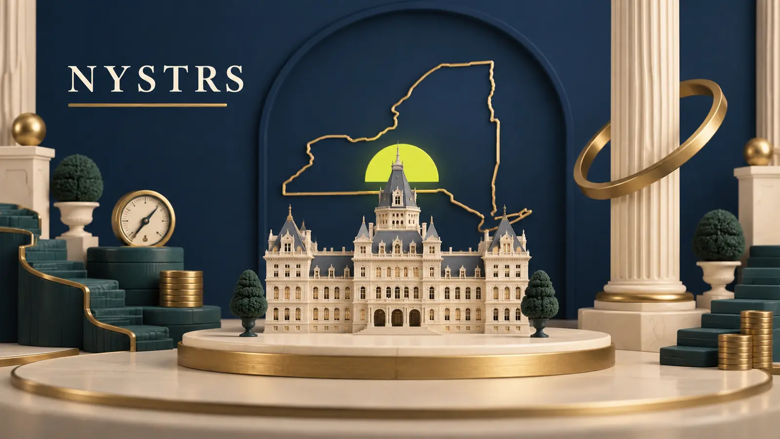 The Albany state capitol and pines beside a NYSTRS pension column and New York outline