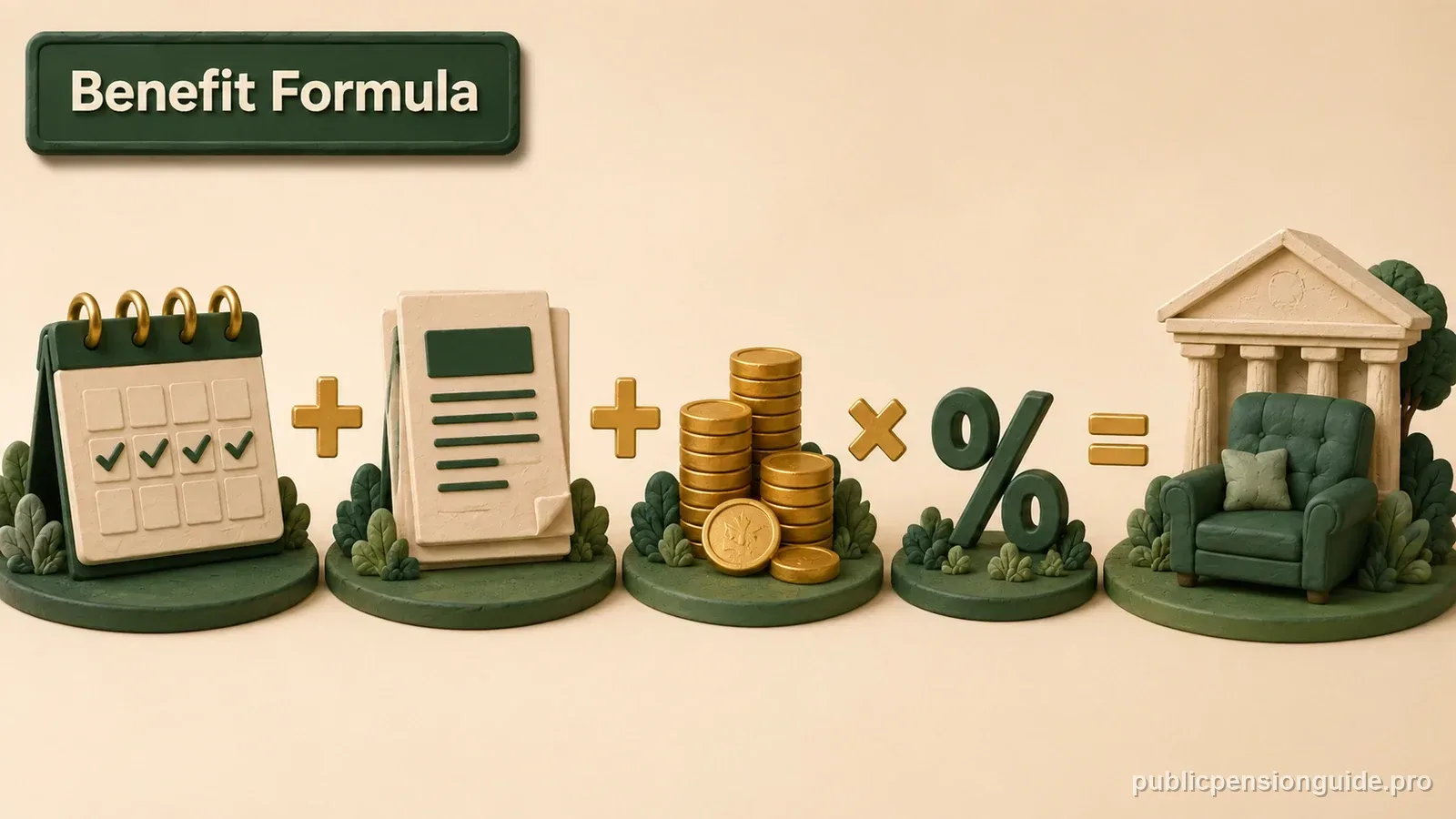 A pension formula scene with five salary blocks, service-credit markers, and gold percentage steps.