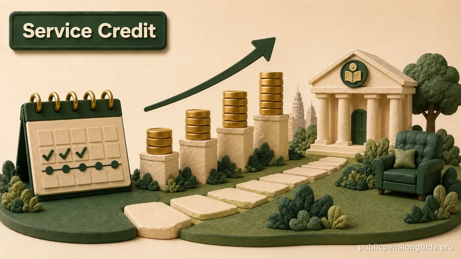 A service-credit timeline with prior public-employment blocks moving through a cost letter into a pension record.