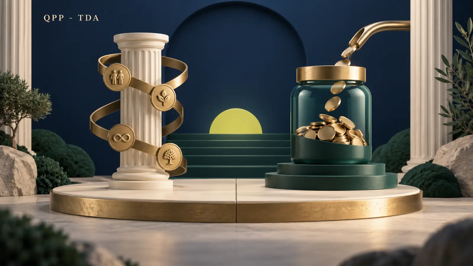 A mandatory pension column with a gold lifetime ring beside a voluntary teal savings jar