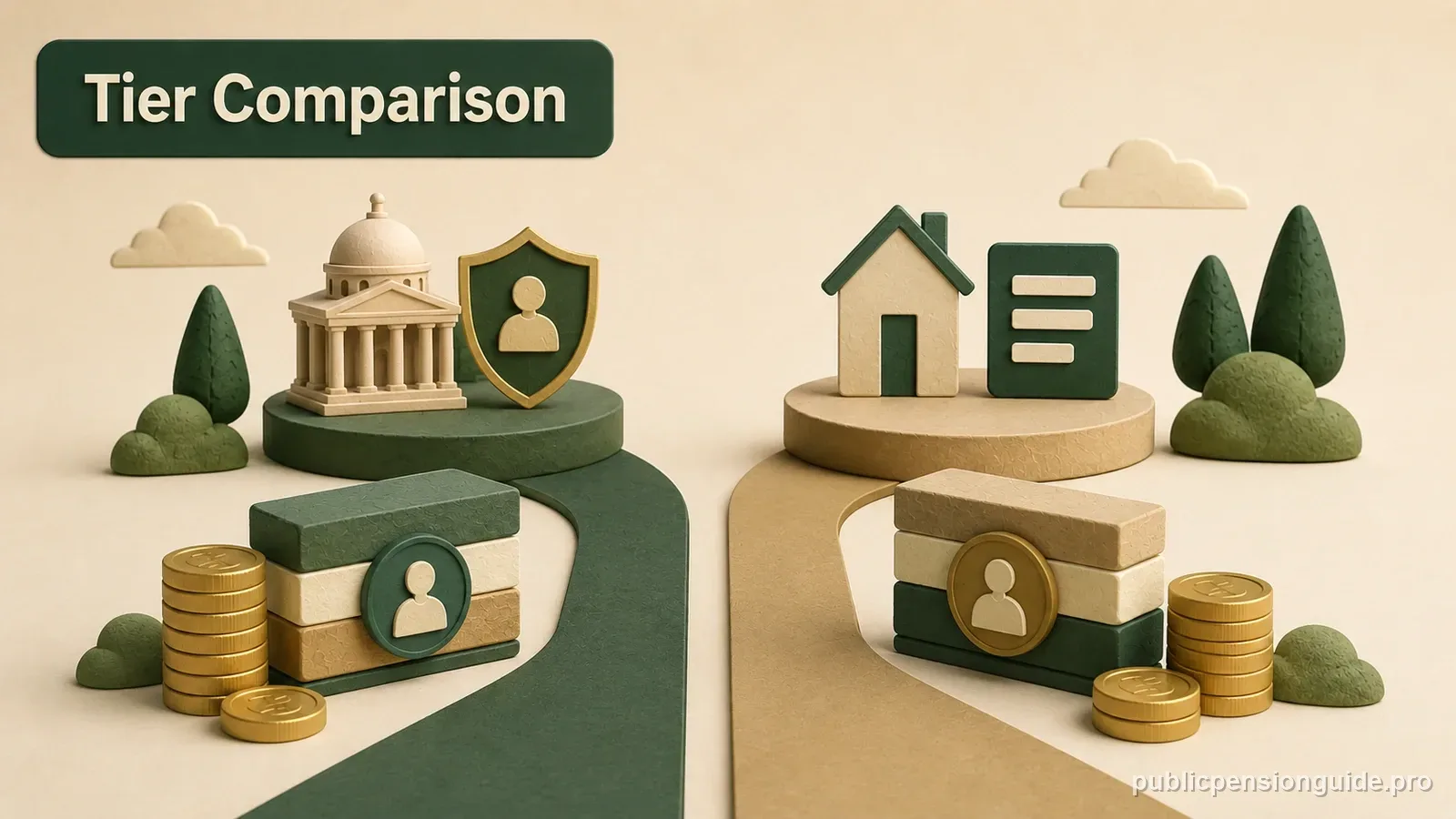Two retirement paths labeled by old and new membership eras, comparing age, service, salary averaging, and contribution structures.