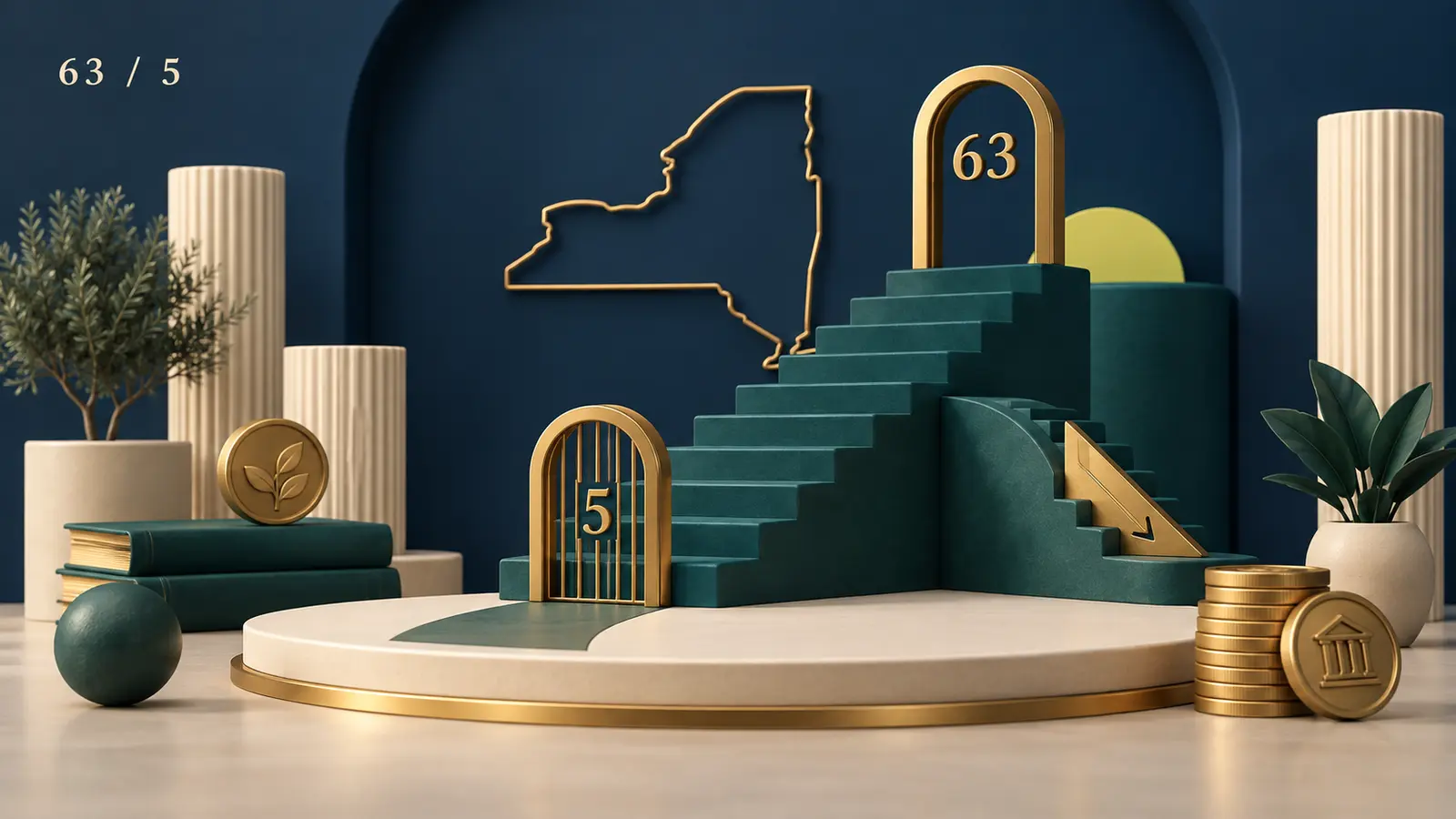 A teal staircase with a gold 5-year vesting gate and a tall gold 63 retirement arch