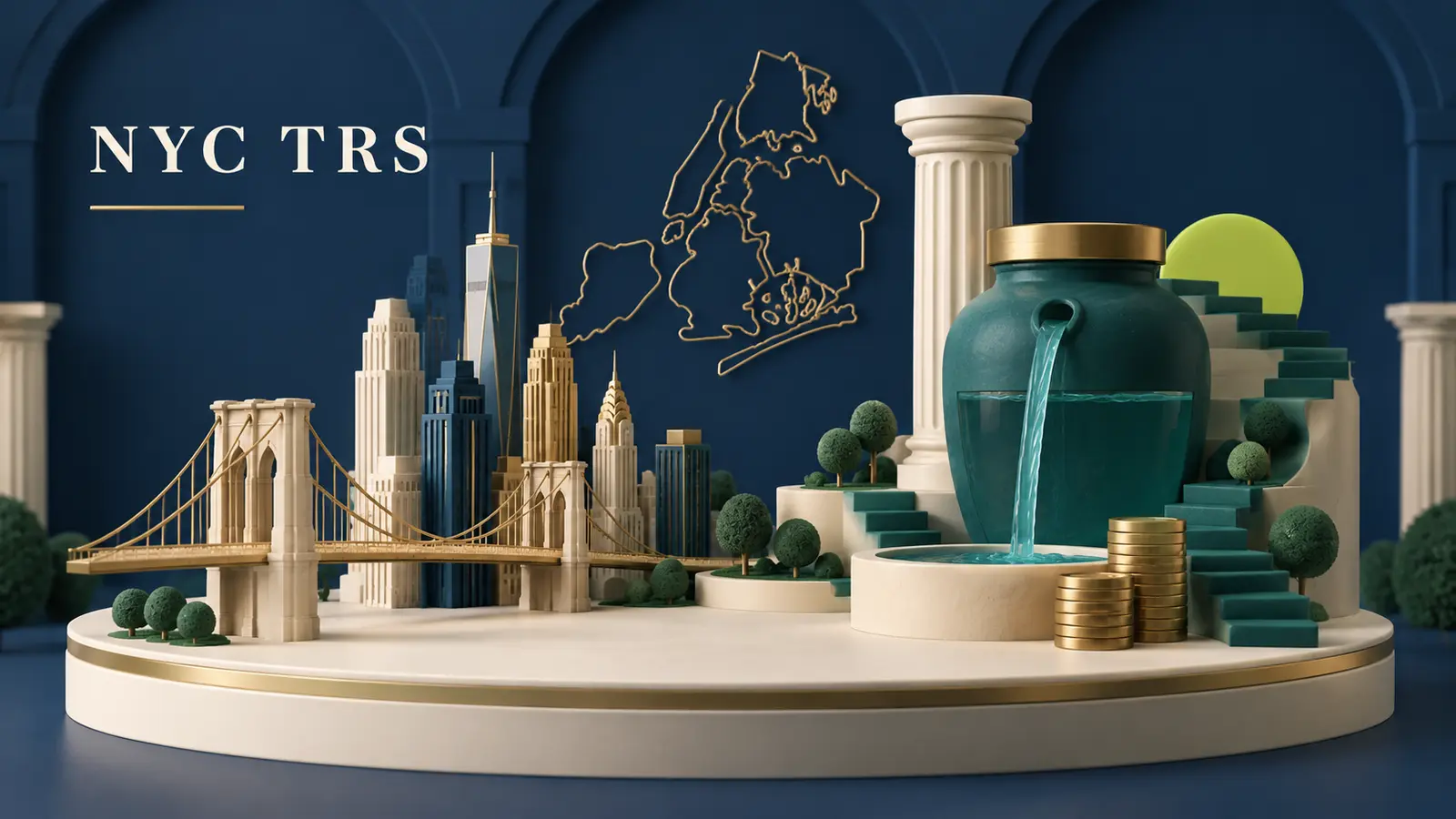 A New York City bridge and skyline beside a QPP column and a TDA savings jar