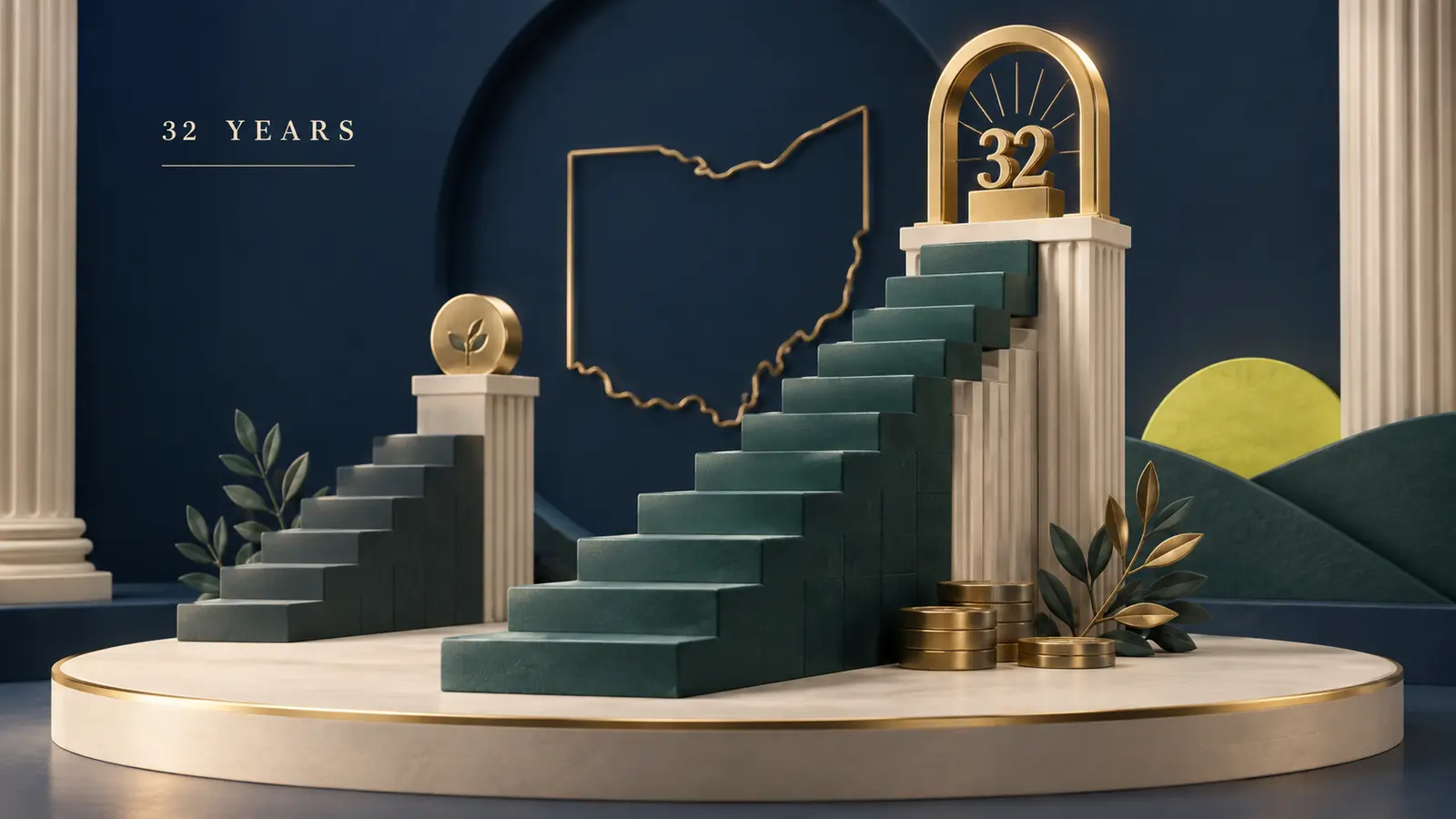 A teal service-year staircase climbing to a gold 32-year milestone gate beside an Ohio outline