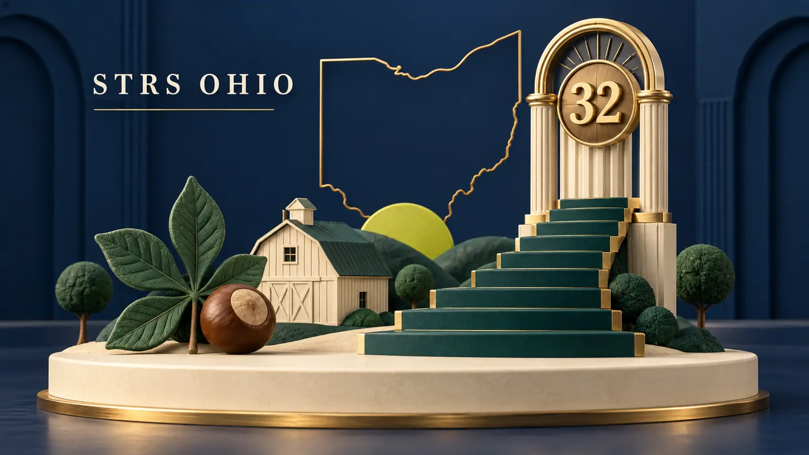 A buckeye and barn beside a STRS Ohio 32-year service staircase