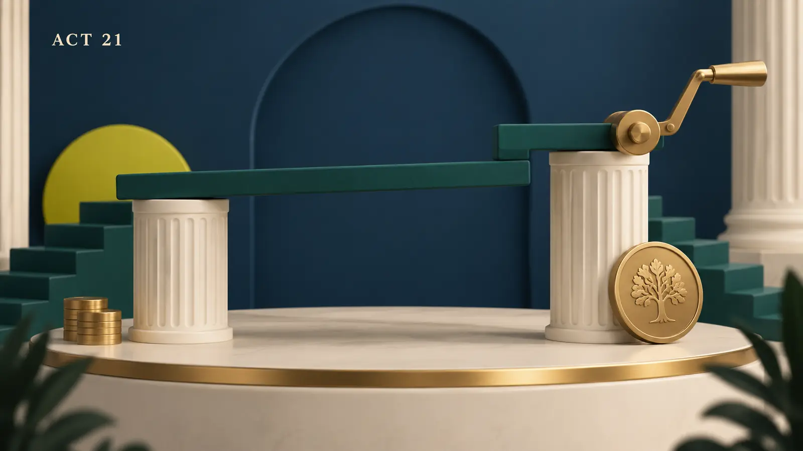 A level teal pension bar lifted one step by a gold legislative hand-crank