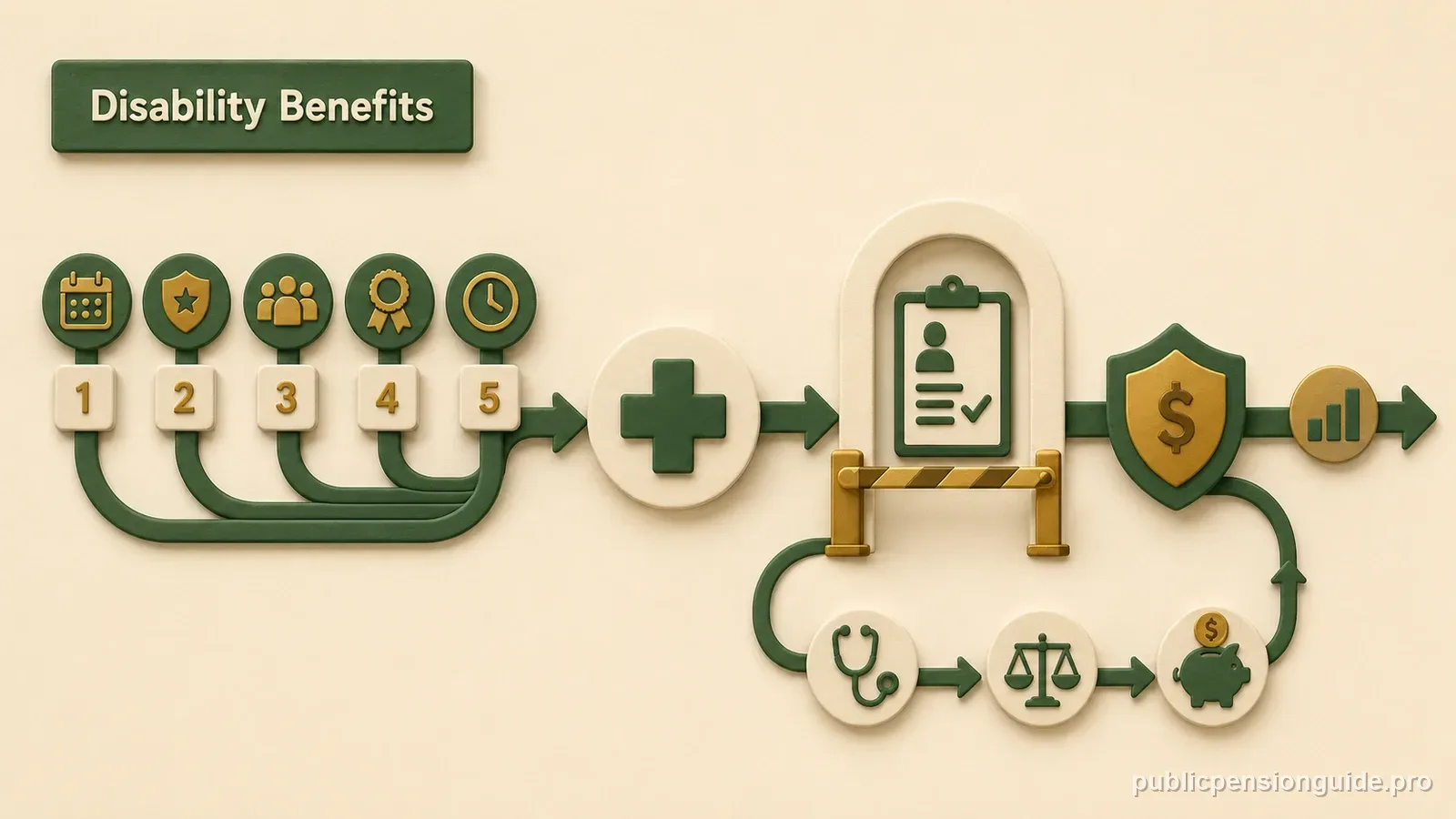 Five service milestones lead through a medical-review gate to a protected PSERS disability-income path.