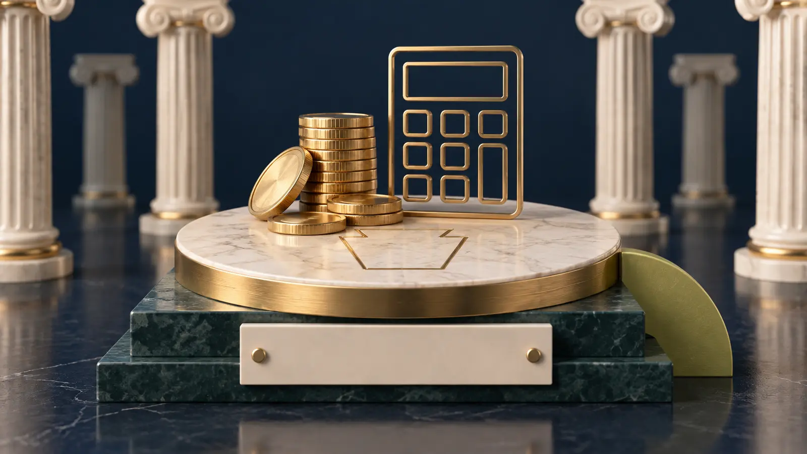 Gold calculator outline with a Pennsylvania keystone shape on a coin stack, symbolizing the PSERS pension calculation walkthrough