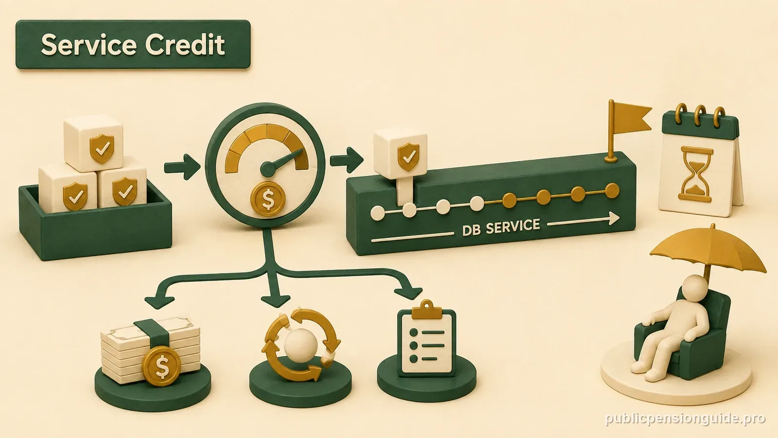 Verified prior-service blocks move through a PSERS cost gauge and are added to the DB service timeline before retirement.