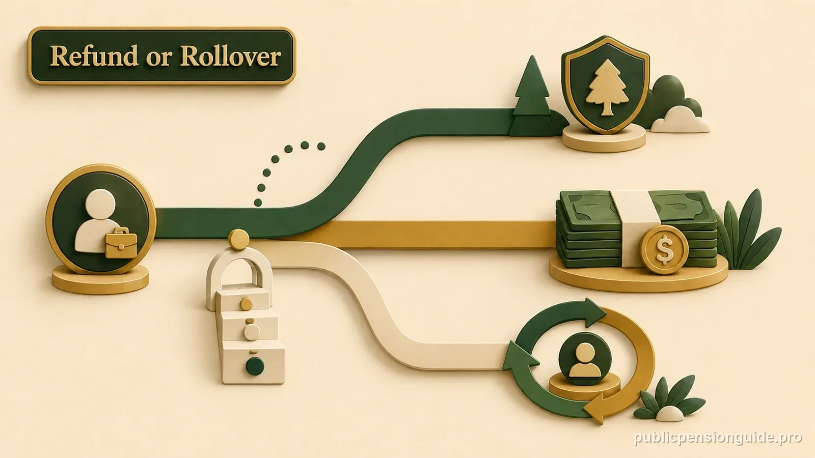 A PSERS account splits toward a preserved pension, a cash refund and a tax-deferred rollover path.