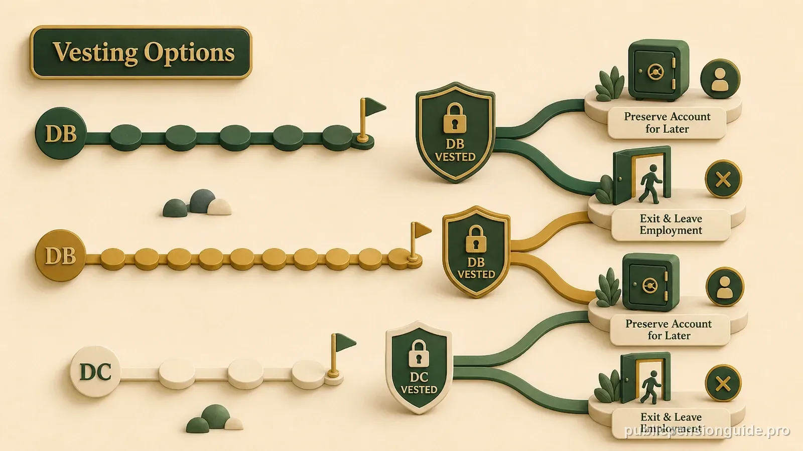 A service path reaches separate DB and DC vesting checkpoints before branching toward deferred retirement or exit.