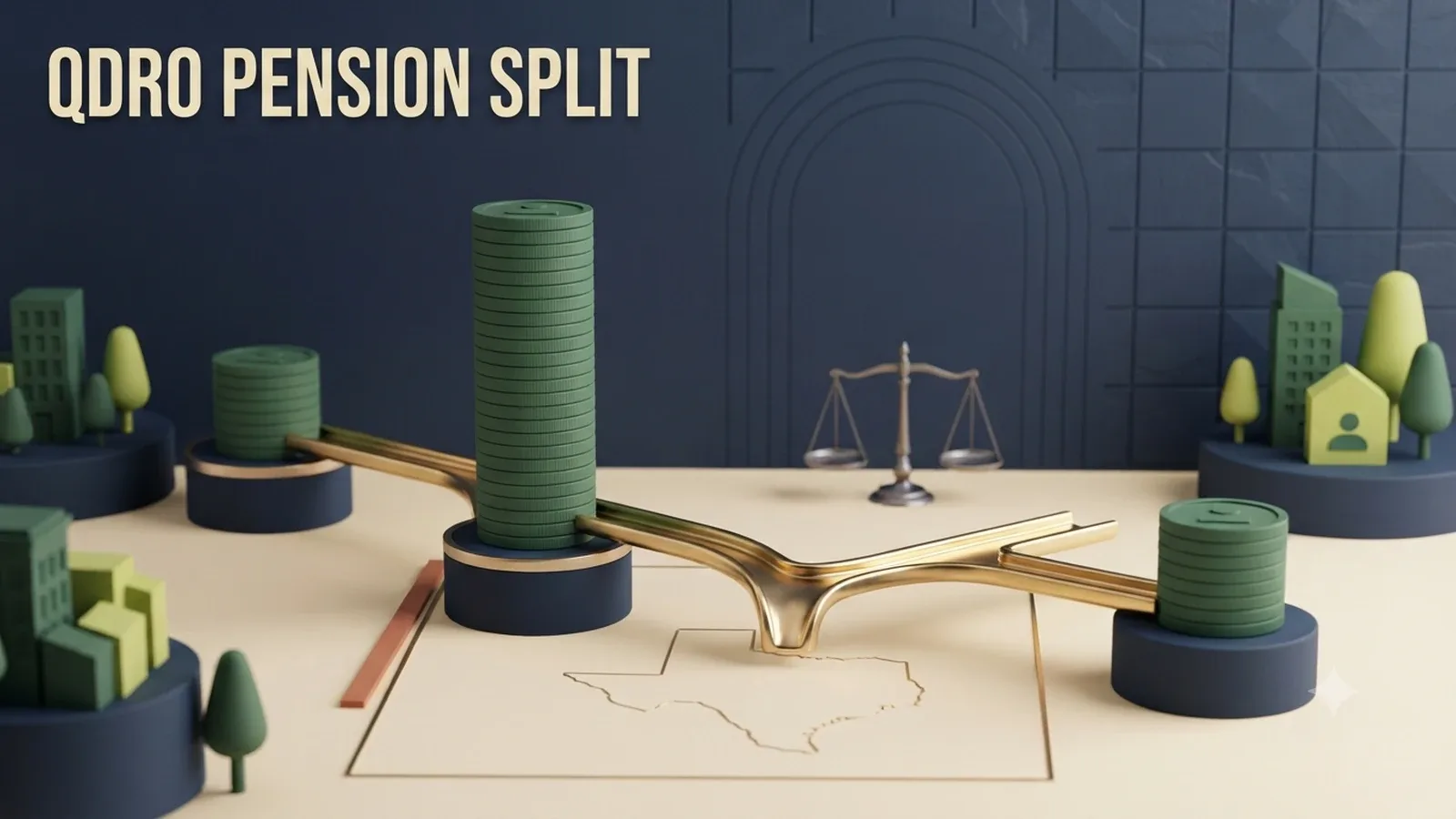 A pension coin path splitting at a gold court-order junction into member and alternate-payee branches