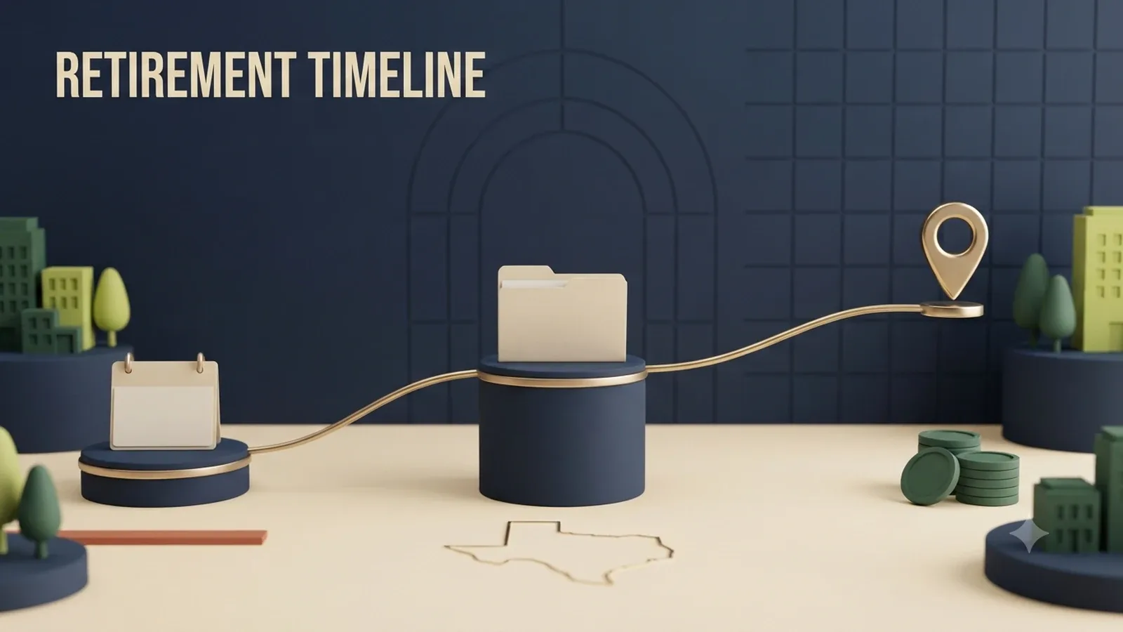 A retirement path moving through three calendar checkpoints toward a gold destination marker
