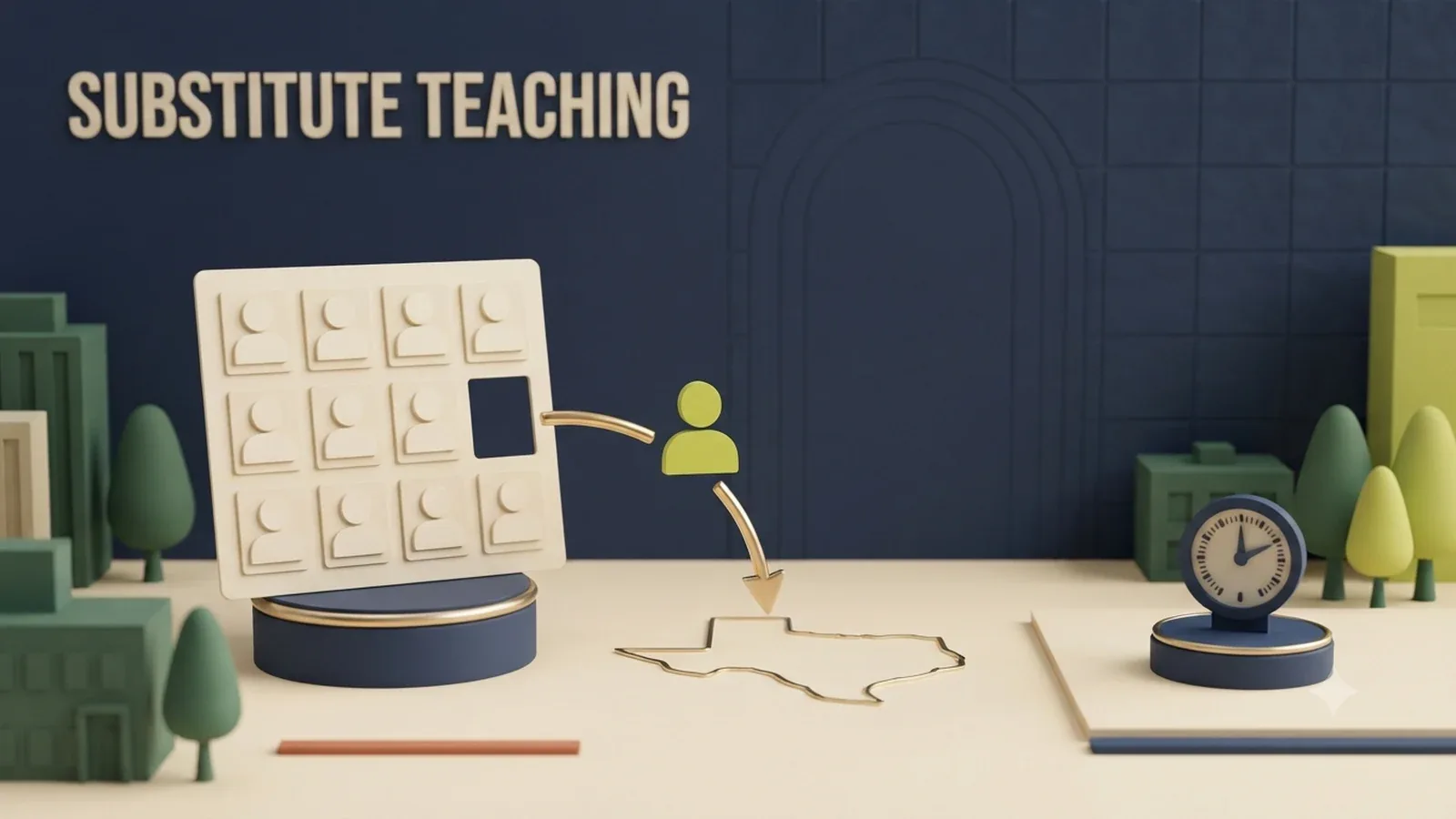 A substitute-teacher silhouette stepping into a temporary classroom slot beside a Texas outline and work-time gauge