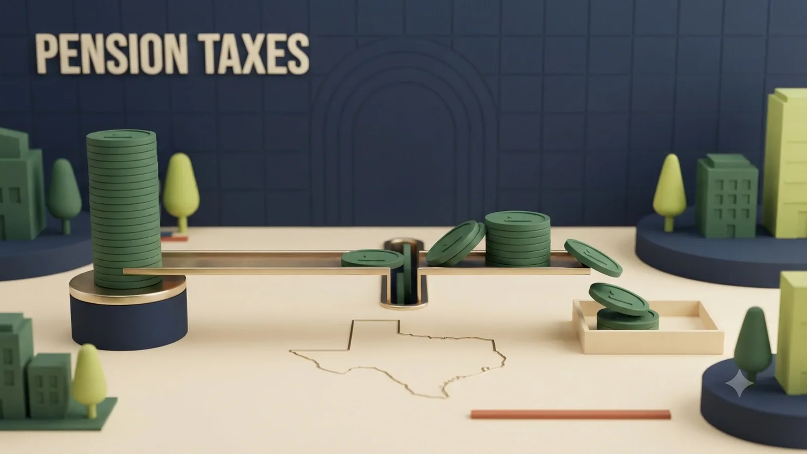 A Texas pension coin stream passing through a tax form tile into taxable and nontaxable branches