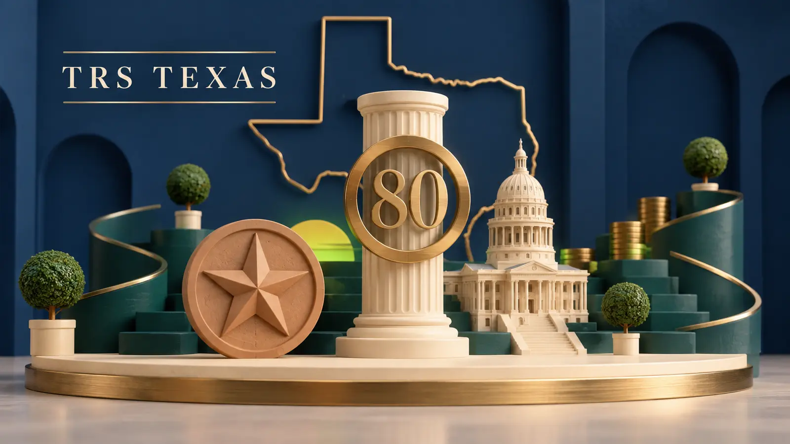 A Texas lone-star emblem and capitol dome beside a Rule-of-80 pension column