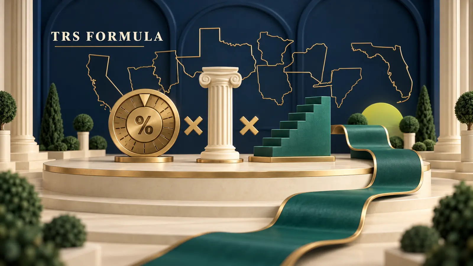 A gold pension-formula equation — multiplier, salary column and teal service staircase — in front of a fan of state outlines